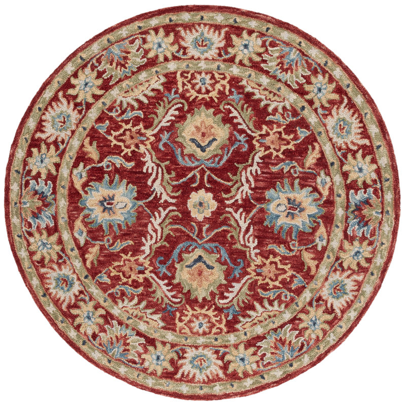 Ruzina Handtufted Wool Cotton Oriental Rug in Red/Green, Round 6'