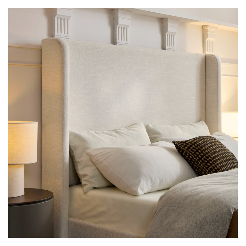 Caron Queen Upholstered Wingback Bed with 54'' High Headboard - Minimalist Ivory Canvas Chenille Bed Frame with Metal Support - Easy Assembly Contemporary Bedroom Furniture