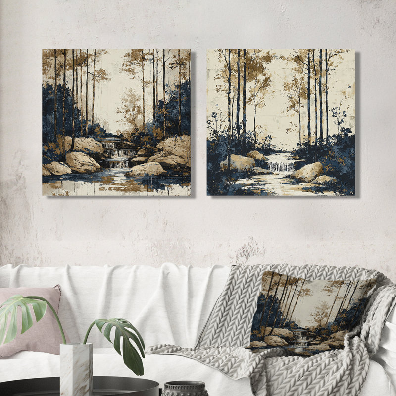 «Beige Forest» et «Blue River Natures Balance I», ensemble d'art décoratif mural, ensemble 2 pièces, H 30 po x l 61 po
