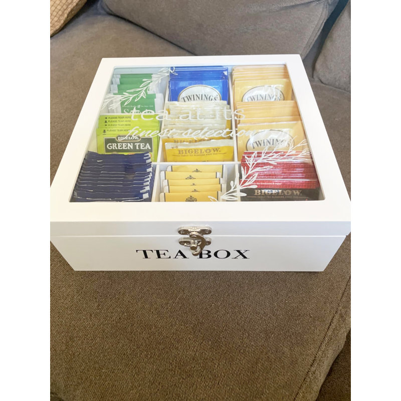 Boîte de rangement pour sachets de thé en bois à 9 compartiments avec couvercle en verre transparent