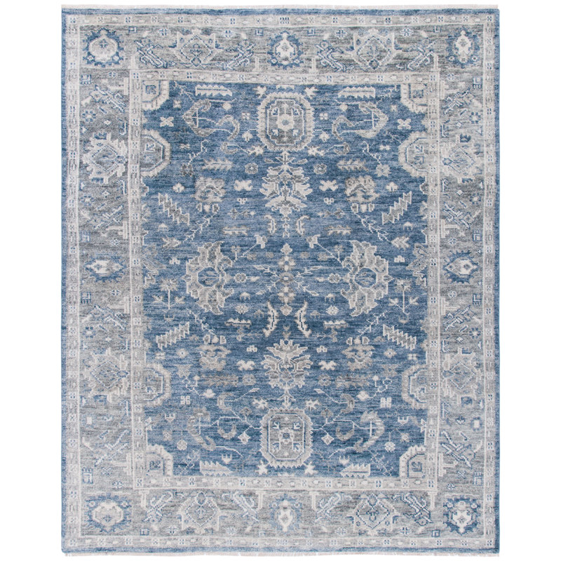 Oriental Hand-Knotted Blue / Grey Area Rug, Rectangle 9' x 12'