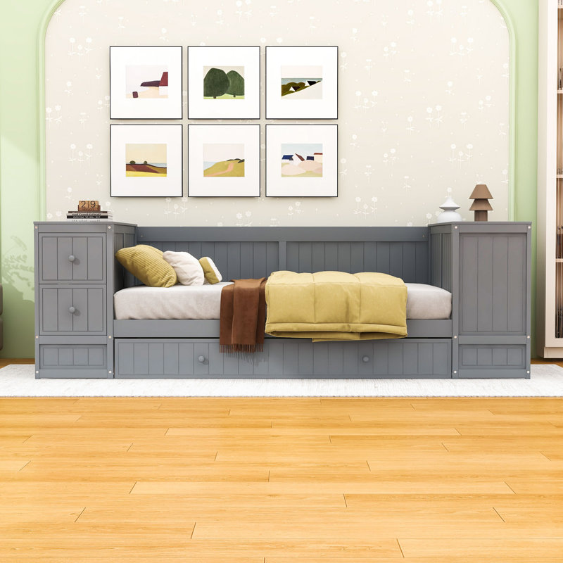 Wooden Daybed with Trundle, Drawers, Multi-Storage Arms and Charging Station, Gray
