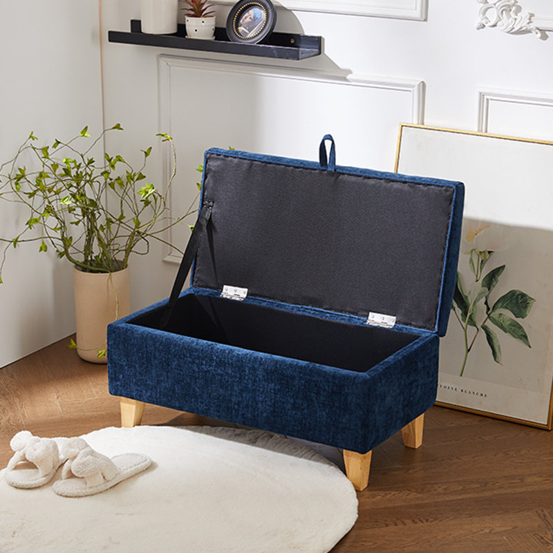 71cm Wide Rectangle Footstool Ottoman with Storage, Blue Chenille