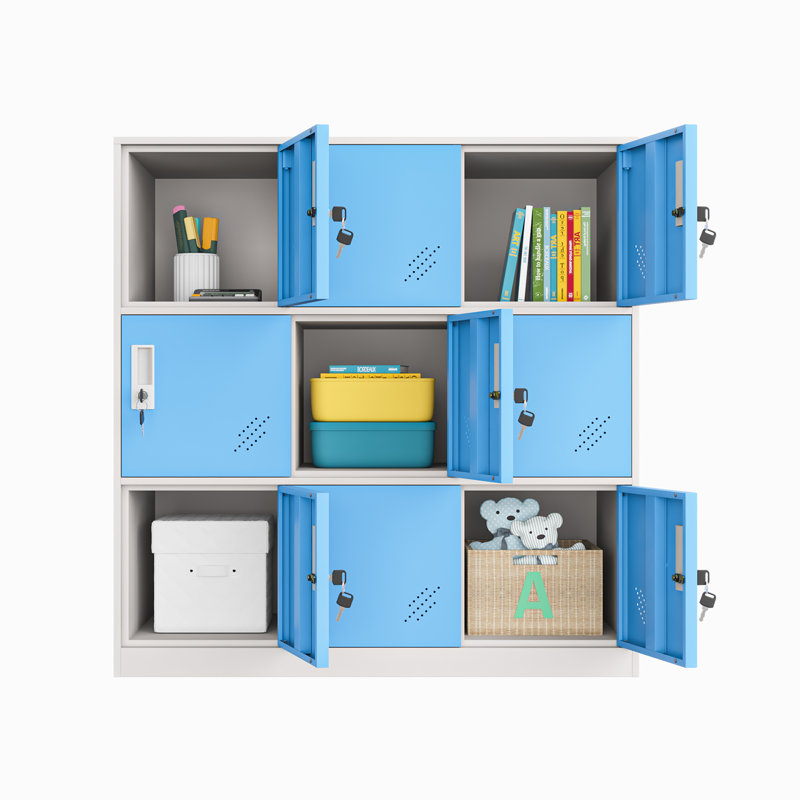 Armoire casier de rangement 9 portes avec clé, Blanc / Bleu