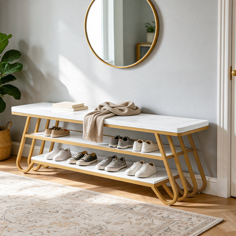 Banc de 63 pouces pour hall d'entrée, banc de rangement pour chaussures à 3 niveaux en faux marbre