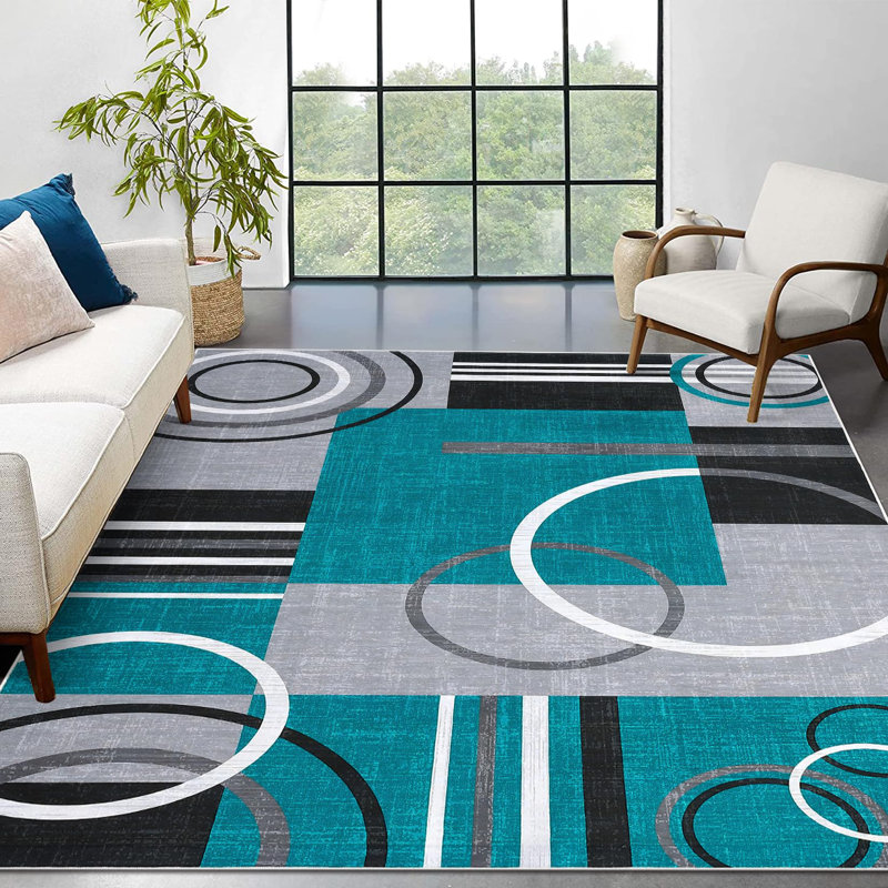 Geometric Machine Printed Area Rug, Rectangle 160 x 230 cm, Teal