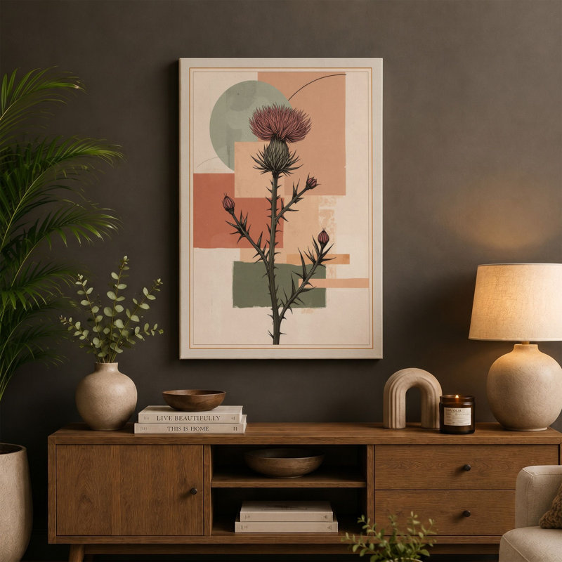 Thistle in Geometry Botanical - Wrapped Canvas, 24x16 - 61.0 x 40.6 cm, Terracotta Border