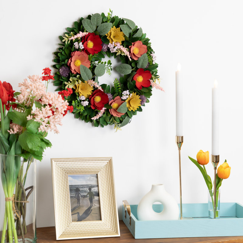 Vibrant Spring Floral Artificial Wreath with Green Foliage