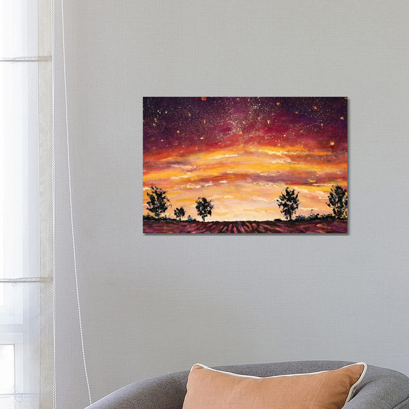 Impressionism Purple Lush Flowers At Sunset. Lavender Field, Warm Dawn - Wrapped Canvas Painting