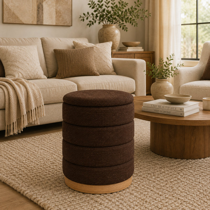 Pouf de rangement cylindrique Tessa de 16 po, recouvert de lin, avec couvercle amovible et rangement dissimulé, couleur chocolat