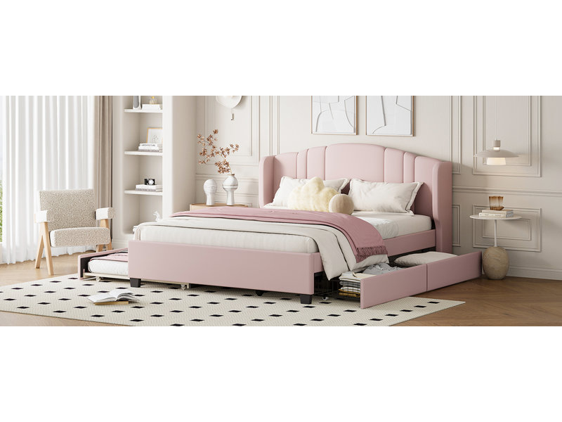 Lit plateforme tapissier avec tête de lit à oreilles, un lit gigogne simple et 2 tiroirs, aucun sommier nécessaire, tissu en lin, grand lit, rose