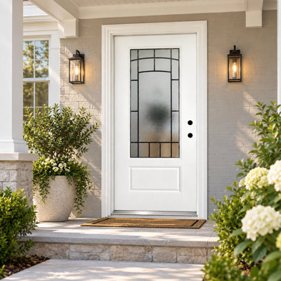 36 in. x 80 in. White Fiberglass Front Entry Door with Decorative Privacy Glass and Knock-Down Frame