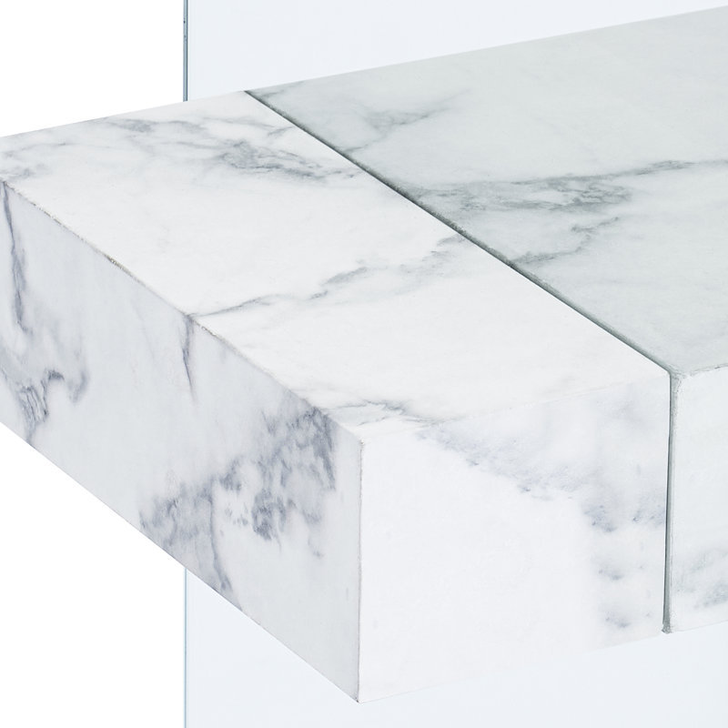Console en verre trempé avec tablette, Marbre blanc, H 31,5 po x l 31,5 po x P 13,8 po
