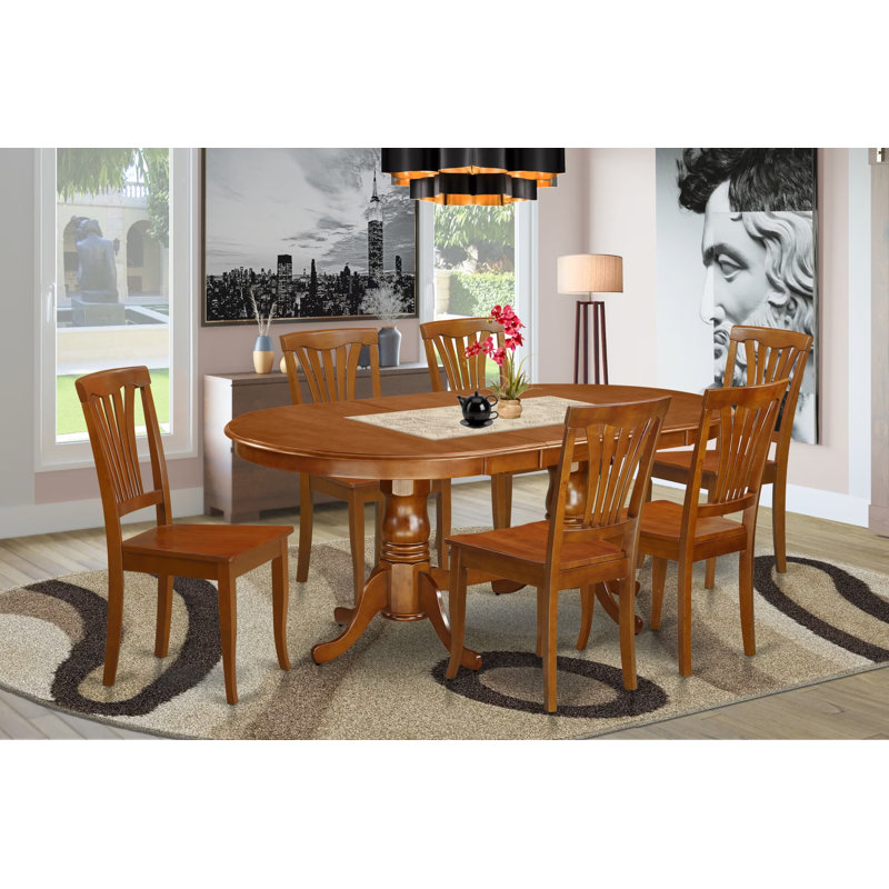 7 Piece Dining Room Furniture Set Consist of an Oval Wooden Table with Butterfly Leaf and 6 Kitchen Dining Chairs, Saddle Brown