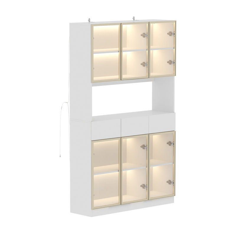 78.7'' H x 47.2'' W Bookcase With Glass Doors LED Lights Spacious Countertop, White