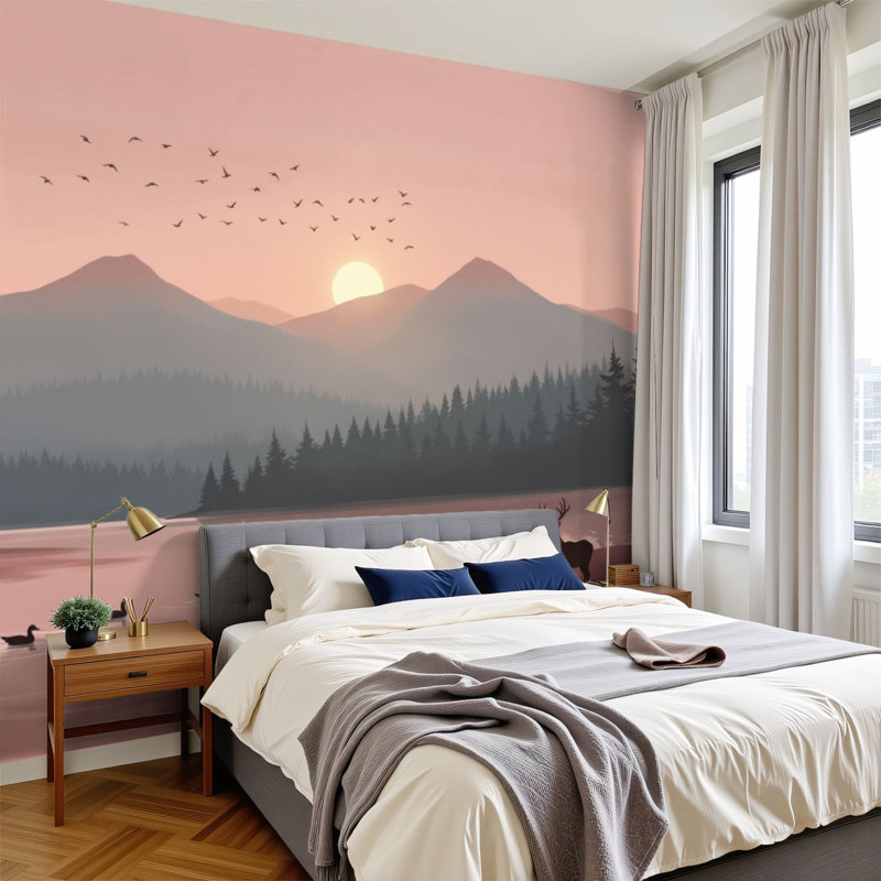Papier peint adhésif peler et coller moderne coucher de soleil serein Misty Lake Deer, L 144 po x l 100 po