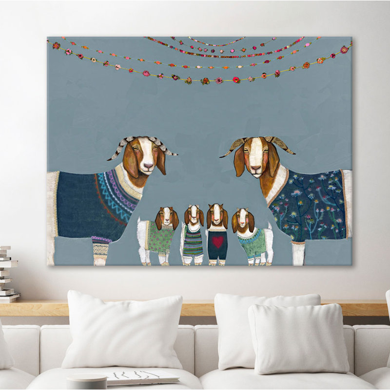 «Goats in Pulls Blue» par Eli Halpin - reproduction d'art sur toile tendue, H 45 po x l 60 po