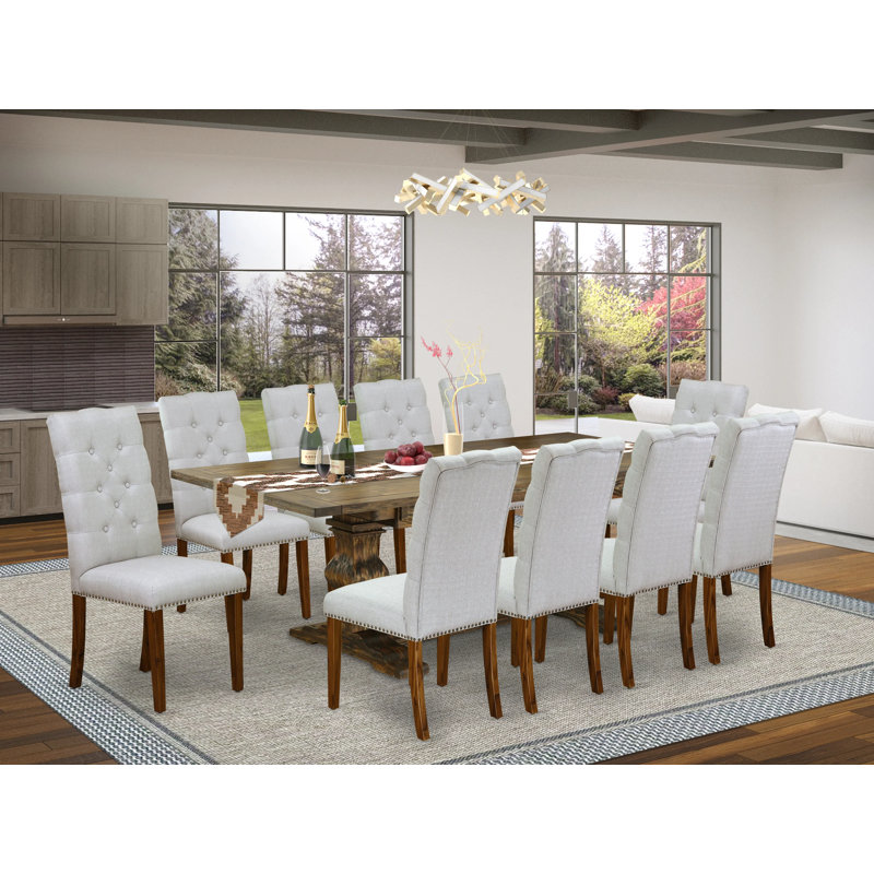 11 Piece Kitchen Table Set Includes a Rectangle Dining Table with Removable Leaf and 10 Grey Linen Fabric Parson Dining Chairs, Destressed Jacobean