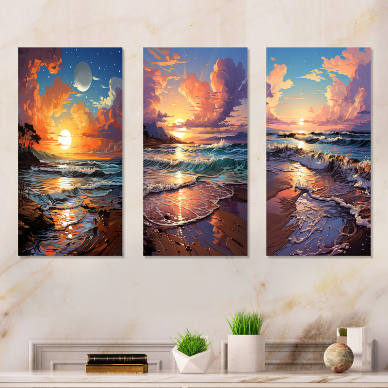 «Beachside Sunset Horizon I», ensemble de 3 impressions sur la plage côtière, H 28 po x l 36 po