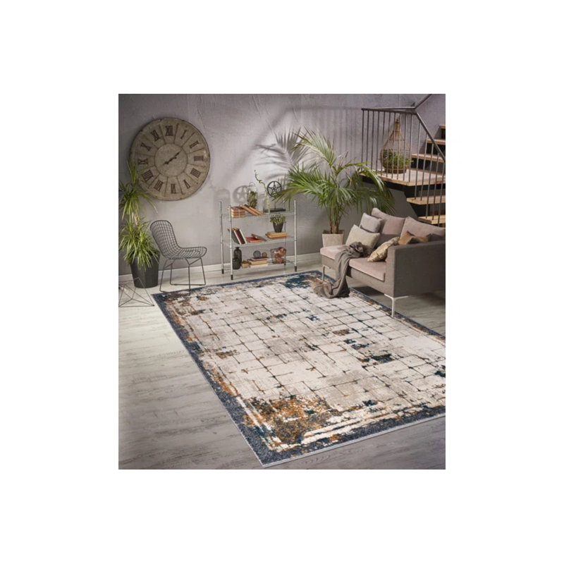 Tapis oriental abstrait, tapis en polypropylène brun ou gris, tapis de chambre contemporain - 5 x 8, 6 x 9