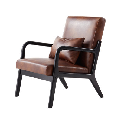 Mid-Century Modern Faux Leather Accent Armchair with Pillow