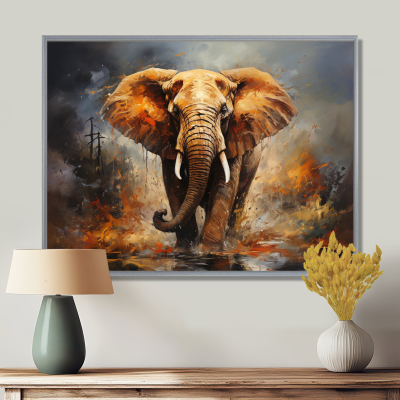 «Elephant Wild Spirit» - Art mural sur toile éléphant, H 30 po x l 40 po, Encadrement argenté