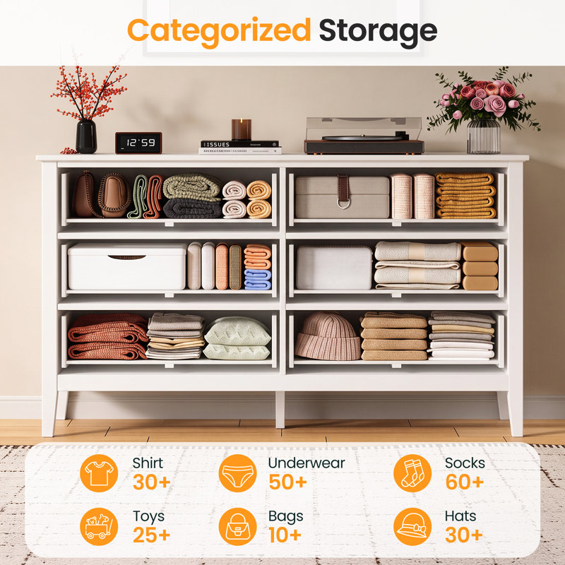 Fluted 6-Drawer Dresser - 47“ Wide Storage Chest for Bedroom Living Room, White