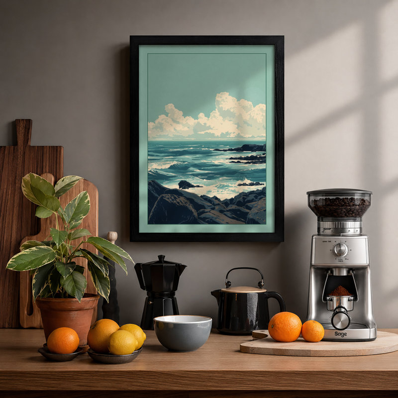 Rocky Coastline Coastal - Framed Print, A4 - 29.7 x 21.0 cm, Black