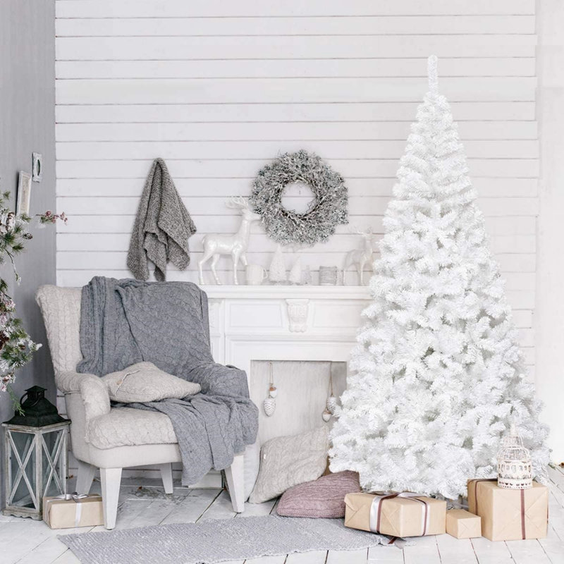 Arbre de Noël pin artificiel articulé blanc en PVC de 6 à 9 pi avec embouts de branches denses et support en métal robuste, décoration de Noël personnalisable pour le bureau à domicile et la présentation hivernale