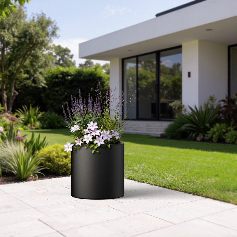 Pot à fleurs rond en béton gris anthracite (intérieur rehaussé) avec trous de drainage, H 16 po x l 16 po x P 16 po