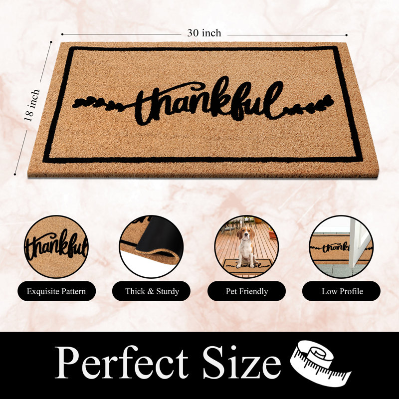 Natural Coir Flocked “Thankful Black” Door Mat, Heavy-Duty Non-Slip PVC Backing, Low-Profile Outdoor Doormat, 18" W x  30" L