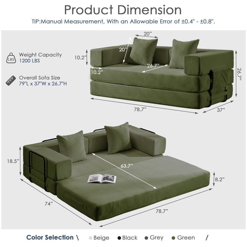 Convertible Sleep Sofa Bed With Armrests And Backrest, Corduroy Folding Couch With 2 Pillow, Modular Sectional For Living Room, Bedroom, Studio-No Assembly Needed