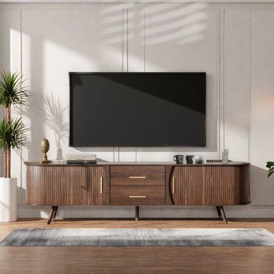 Farmhouse Tv Stand With 2 Sliding Doors, Textured Natural Wood Grain, 2 Drawers And Waterproof Surface