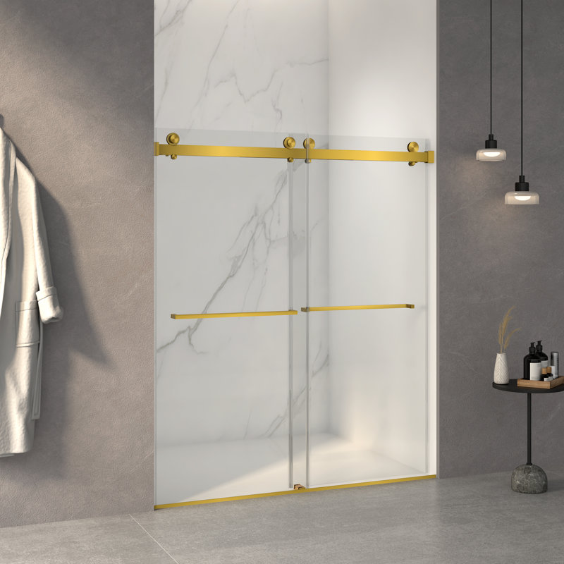 Porte de douche coulissante double sans cadre l 56-60 "x H 70", verre trempé clair de 5/16 "(8mm), Or brossé