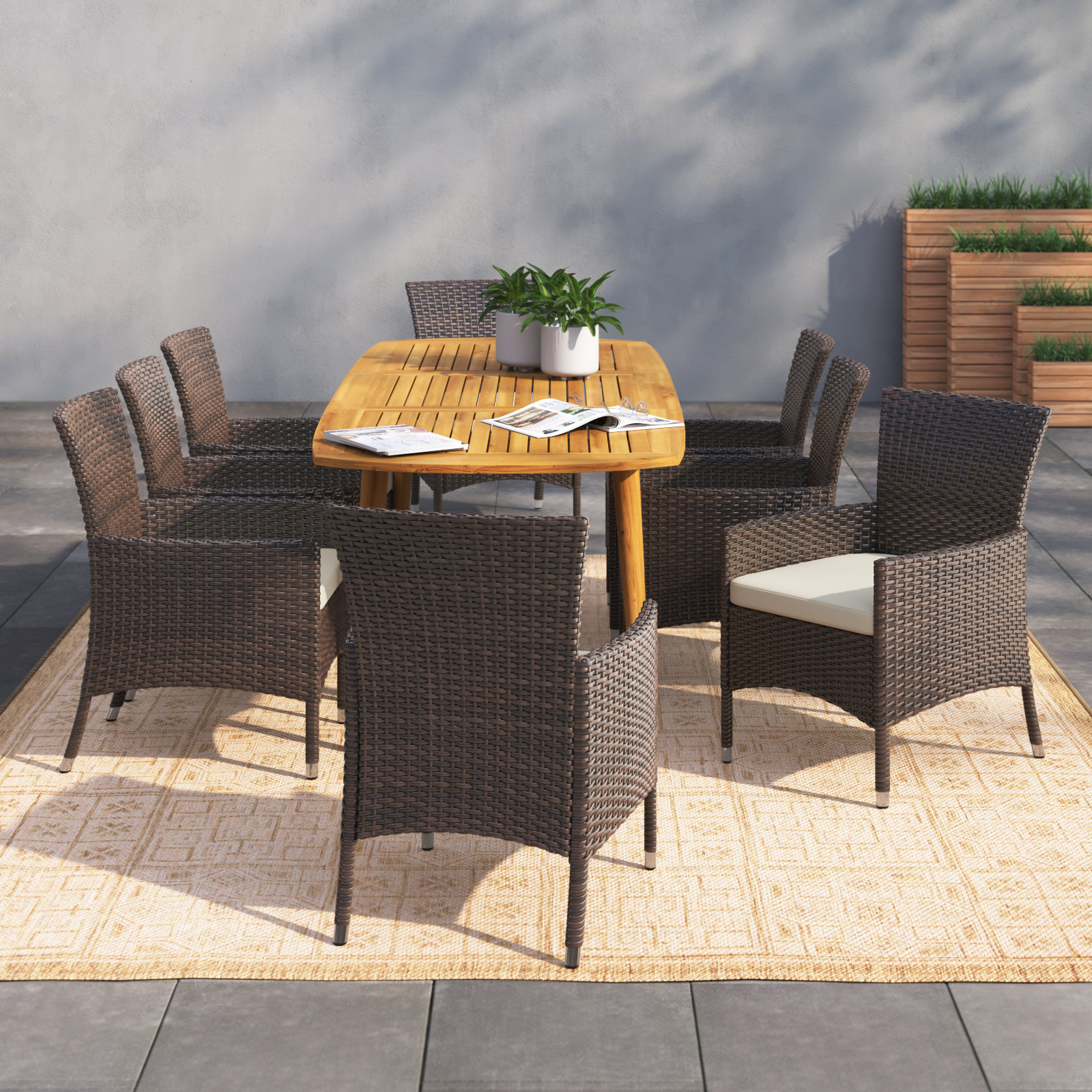 9pcs patio rattan dining set online 8 chairs cushioned acacia table top