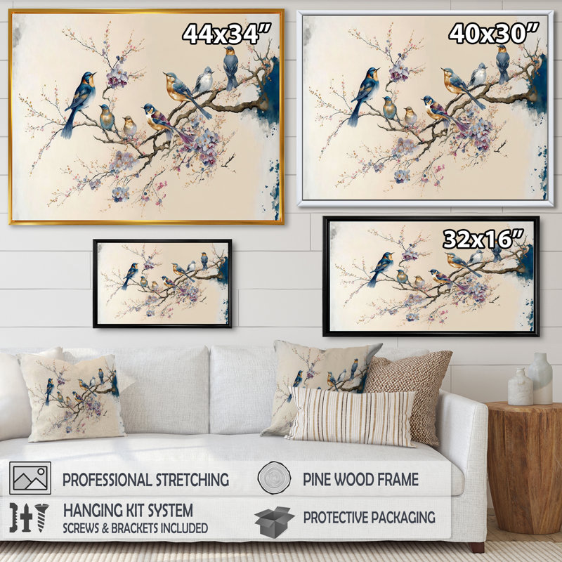 «Multicolor Birds on Plum Blossoms Tree», reproduction sur toile flottante