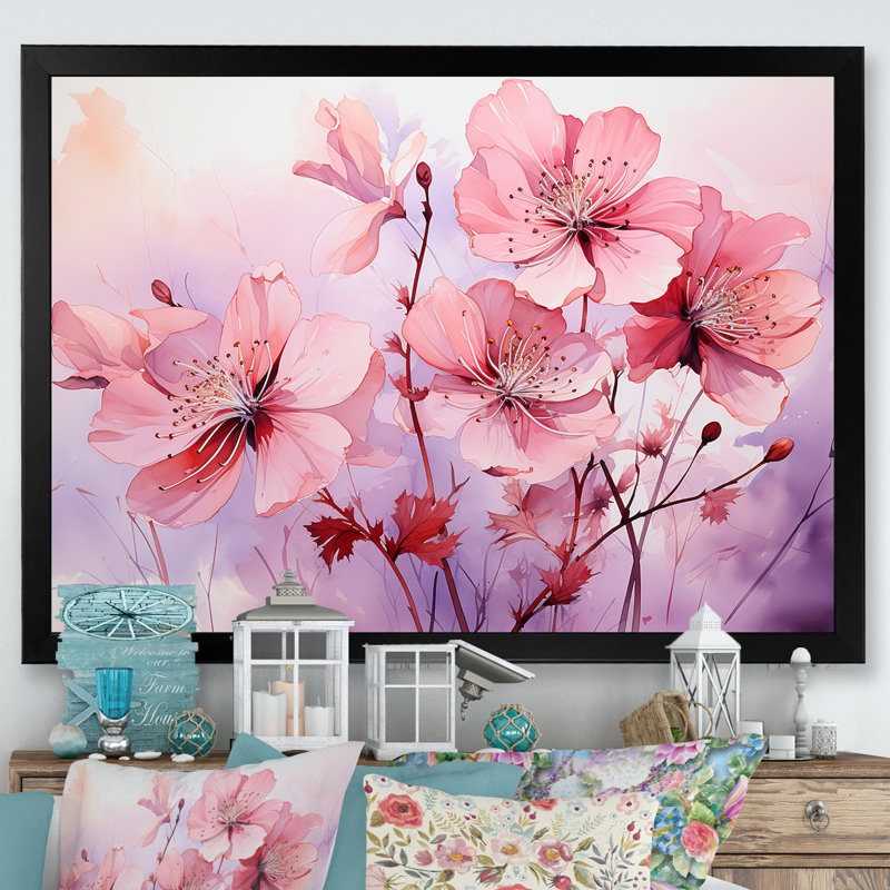 Mauve et rose coquelicots Meadows II - coquelicots, art mural, Cadre d'angle fermé noir, H 30 po x l 40 po x P 1,5 po