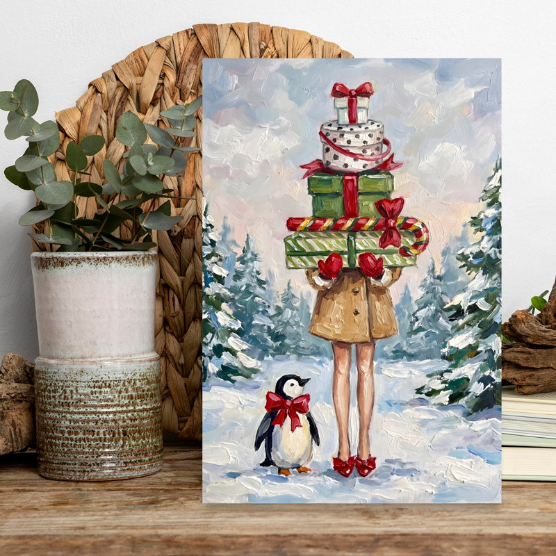 Holiday Walk With Penguin Whimsical Abstract Contemporary Penguin Forest Winter Wall Art Print 1 Piece Wrapped Canvas Wall Art