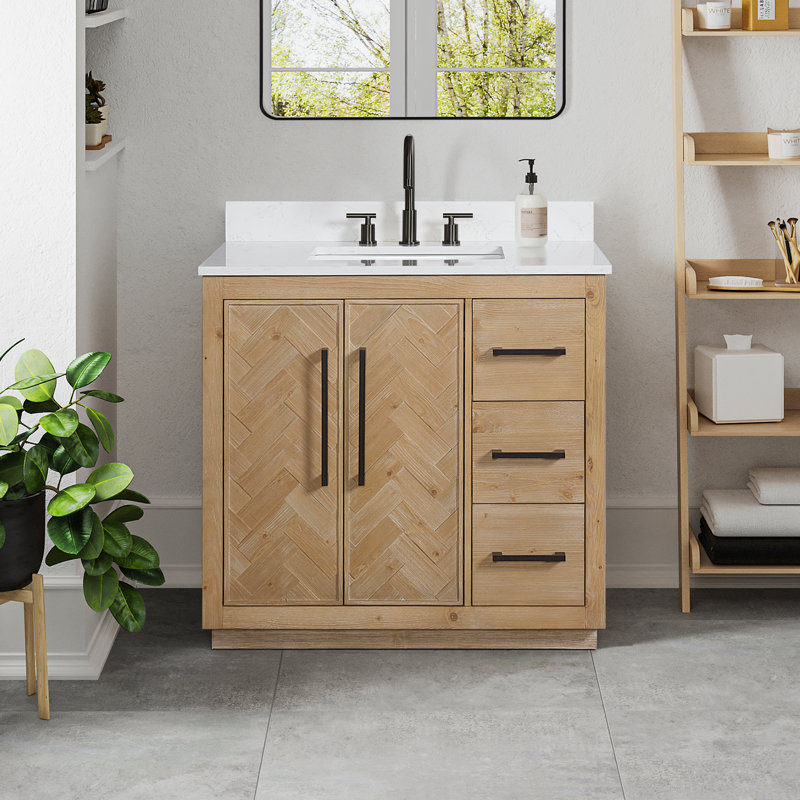 Jareth 48'' Natural Wood Single Bathroom Vanity with White Stone Top