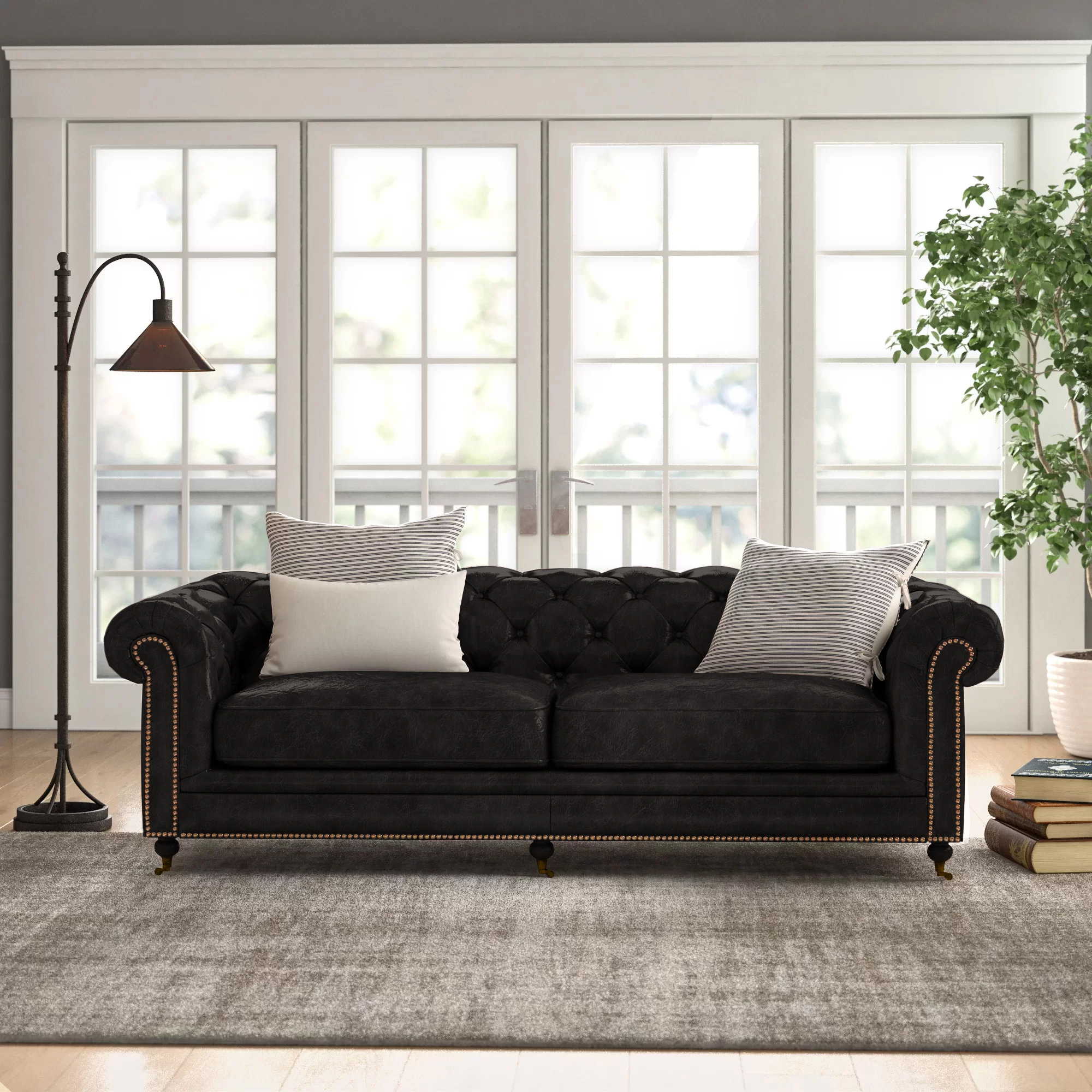 Idalia 87" Genuine Leather Rolled Arm Chesterfield Sofa with Reversible Cushions, Black Genuine Leather