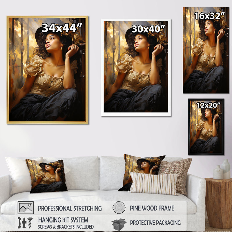 Harlem Renaissance Reverie Woman, reproduction d'art sur toile, Cadre flottant doré, H 32 po x l 16 po x P 1 po
