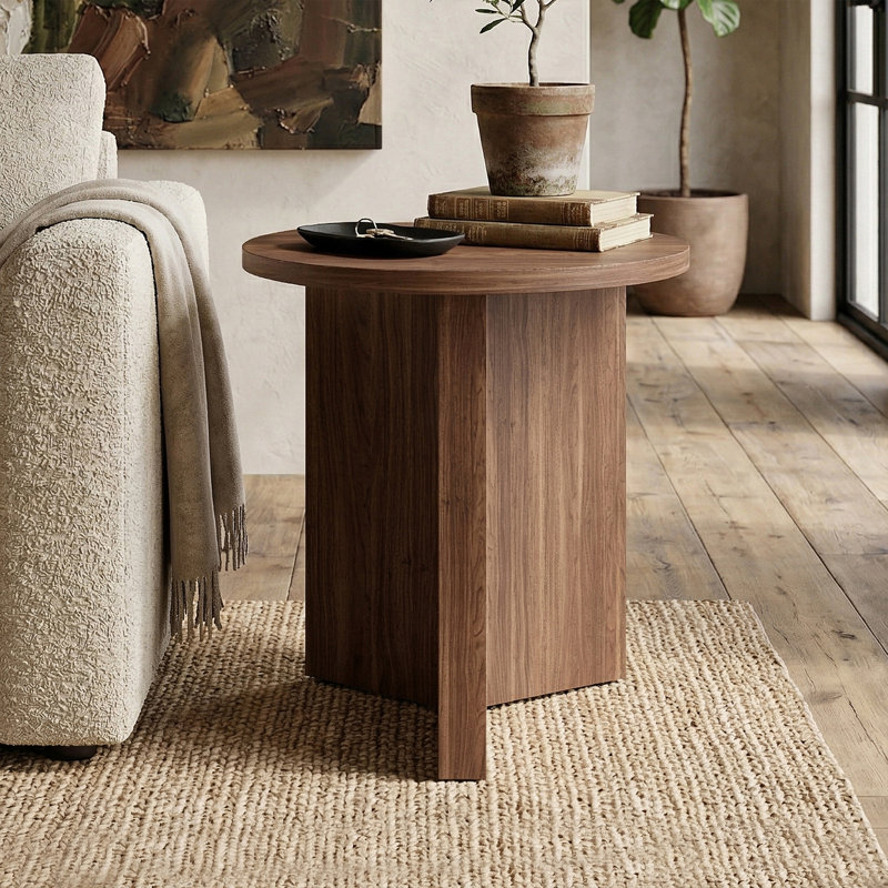 Table d'appoint ronde de 20 po avec base croisée en noyer satiné Potbelly | Table d'appoint Mid-Century moderne pour le salon ou la chambre à coucher