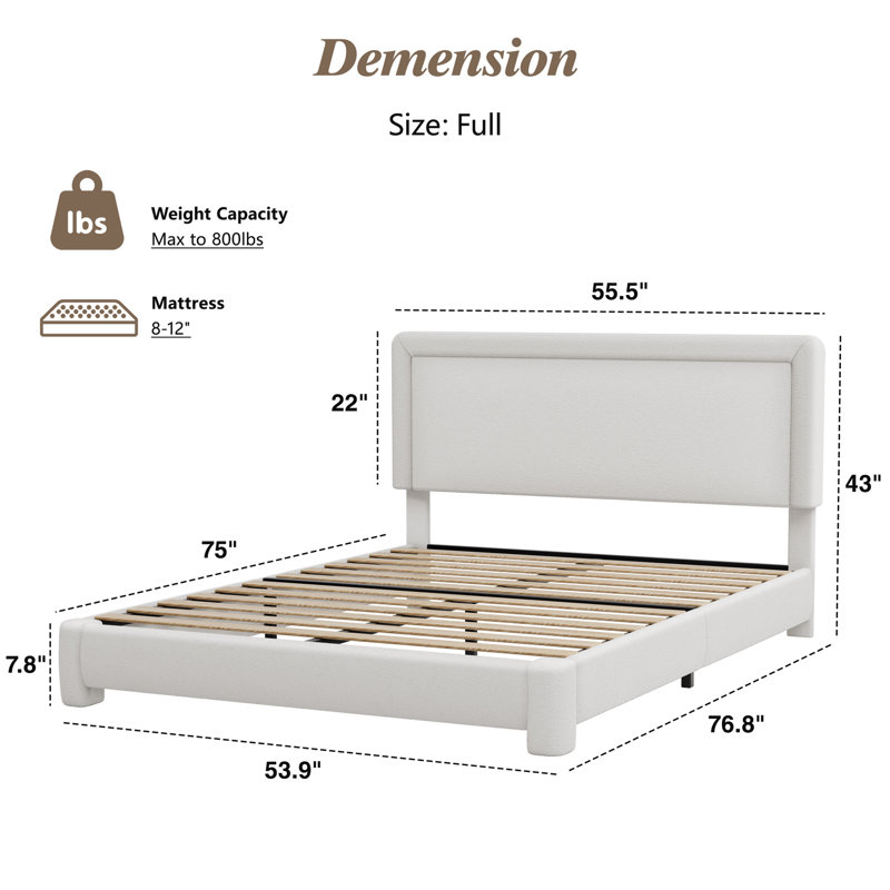 Boucle Bed Frame,Upholstered Bed Frame With Headboard, Surface Cover Soft Cloud Bed Frame Easy Assembly, No Box Spring Required