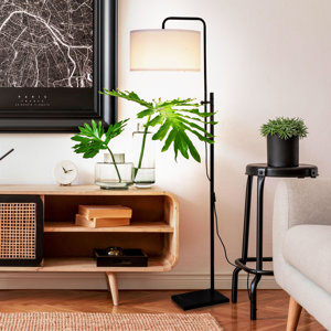 Leo 72 in. Mid-Century Modern 1-Light Height Adjustable LED Floor Lamp with Fabric Drum Shade