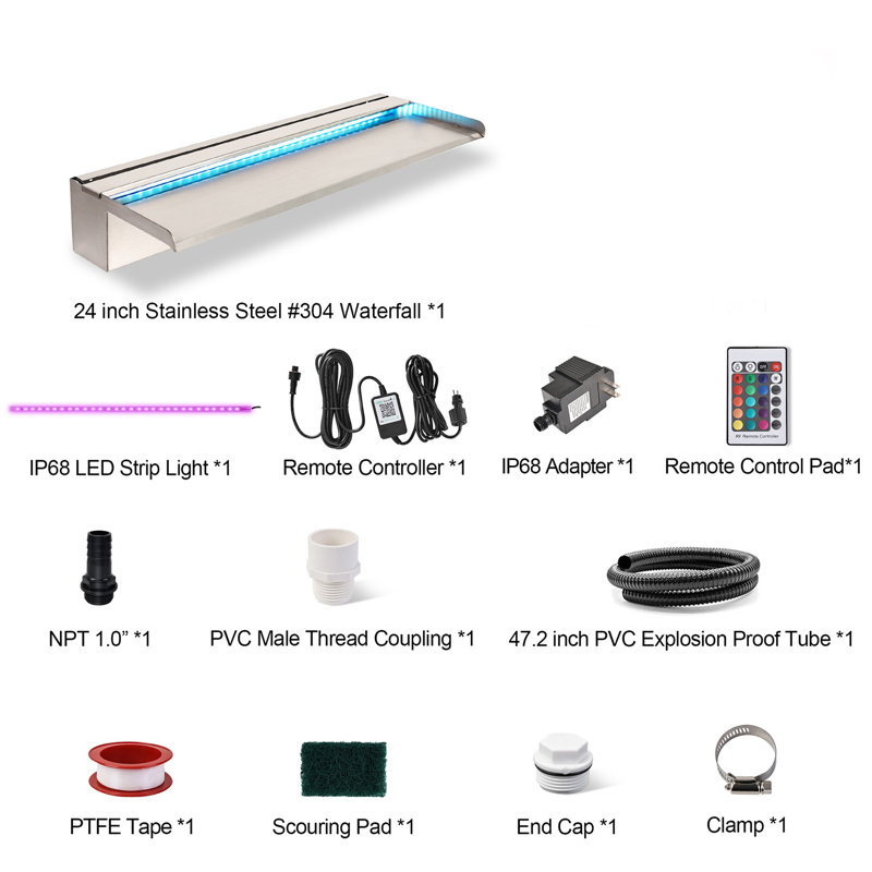 Pool Waterfall APP with 16 Colors LED Lights, Stainless Steel Pond Fountain Set for Outdoor Decorations, Patio Waterfall Spillway Kit on The Wall for Garden, Easy Installation