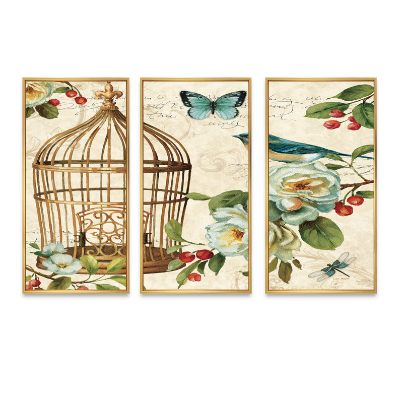 Oiseau de chalet bleu, cage à oiseaux et fleurs de pommier I, 28" H x 36" W x 1" D, Cadre doré