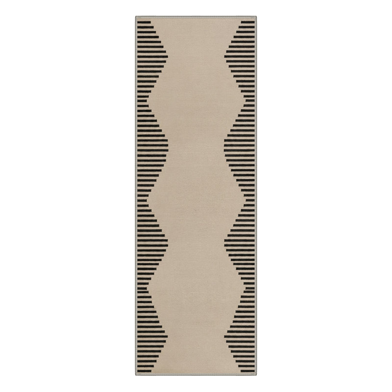 Abdellah Minimalist Geometric Wave Machine Washable Beige / Brown Indoor Area Rug with Non-Slip Backing, Runner 2'6" x 8'