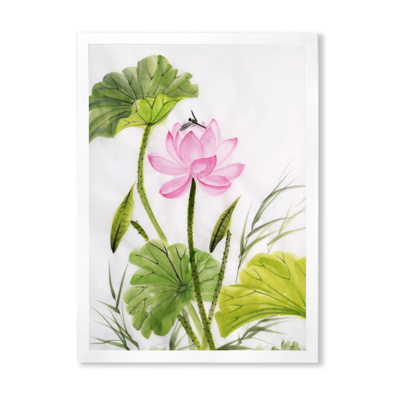 Simple fleur de lotus rétro avec feuilles vertes - reproduction sur toile, H 32 po x l 24 po x P 1,5 po
