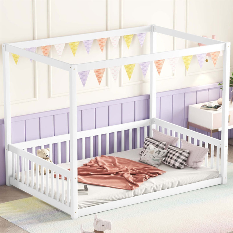 Lit à baldaquin en bois d'hévéa avec garde-corps, parfait pour le jeu imaginatif des enfants et un sommeil sécuritaire