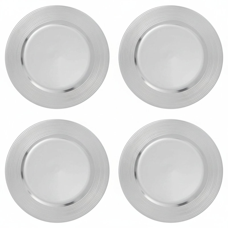 Set of Four 33cm Dia Silver Charger Plates with Ribbed Rims